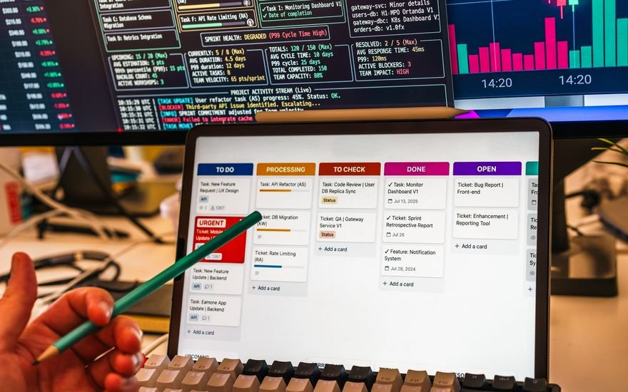 Pantalla con un tablero de seguimiento de tareas y estados de trabajo